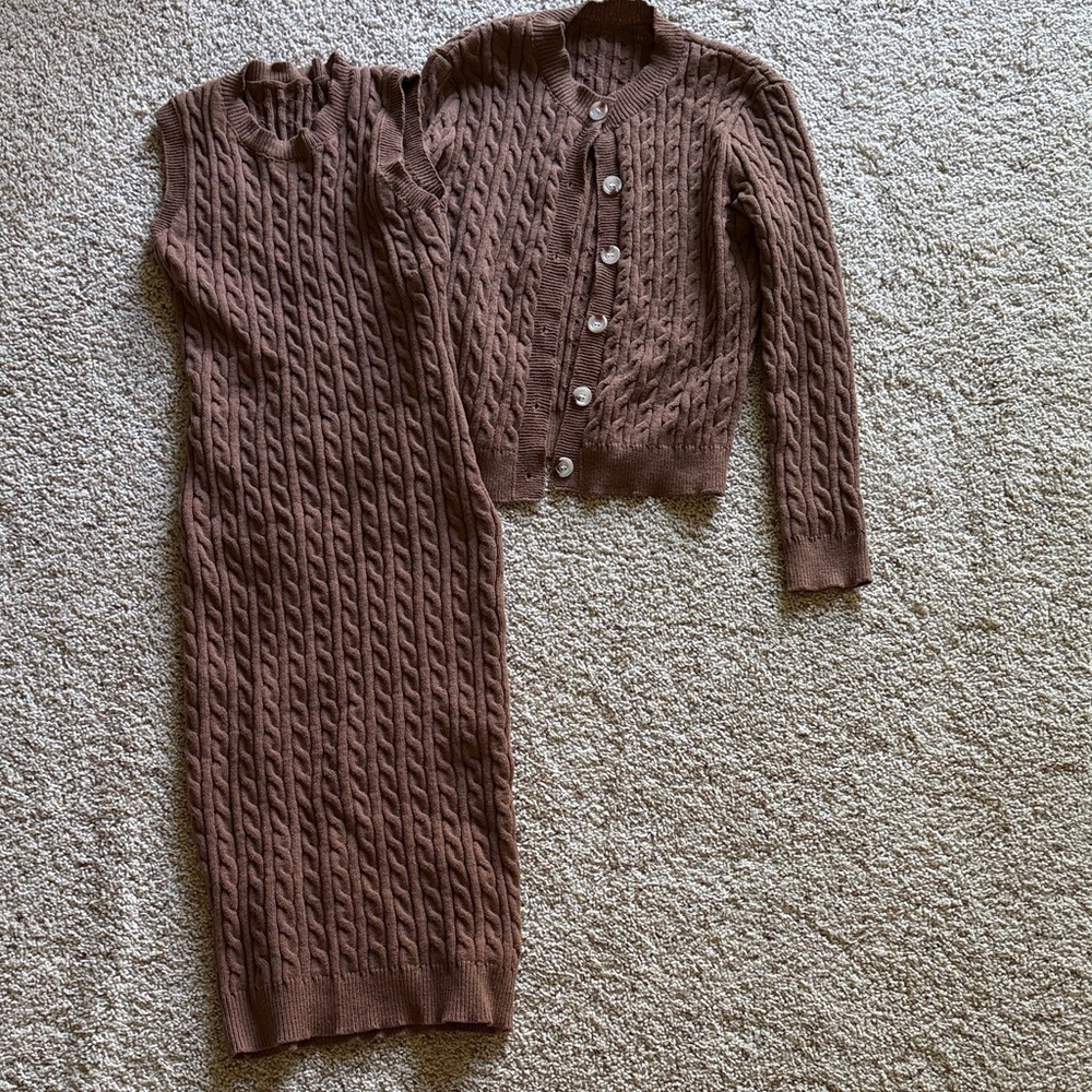 Brown Cable Knit Midi Dress with Matching Cardigan